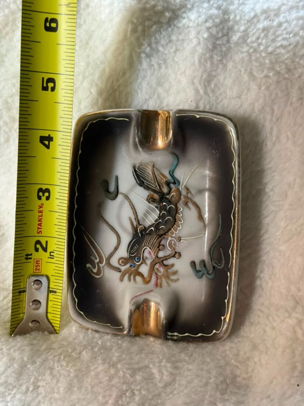 Vintage Mid Century Japanese Moriage Dragonware Porcelain Ashtray Gold Trim